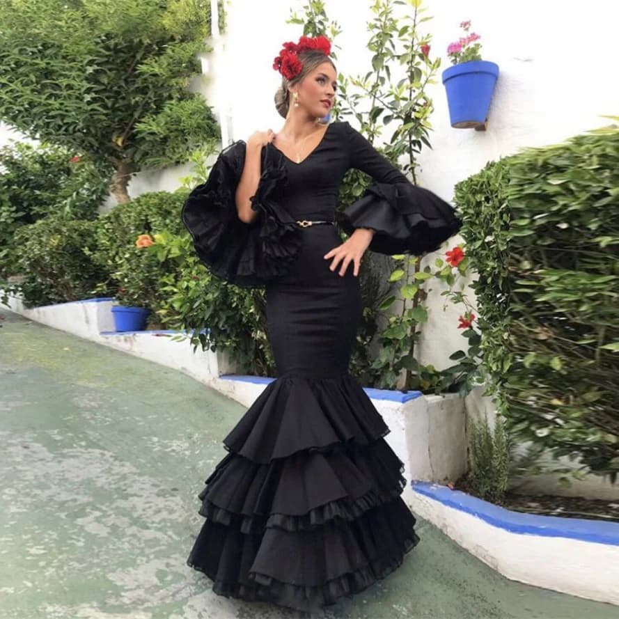 Vestido de fiesta flamenco con cuello en V, vestido largo de sirena negro para mujer para foto, vestidos de fiesta elegantes acampanados de tul con