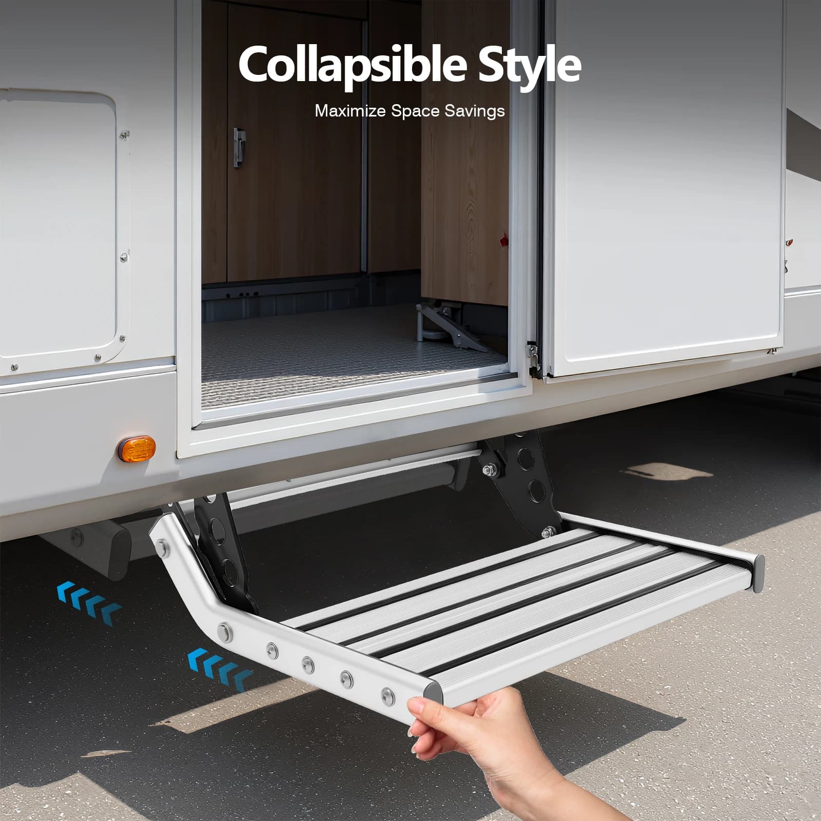 Paso plegable para RV de 44cm, Pedal Manual para RV, escalón de aleación de aluminio para caravana, accesorios para autocaravanas, carga de 150kg