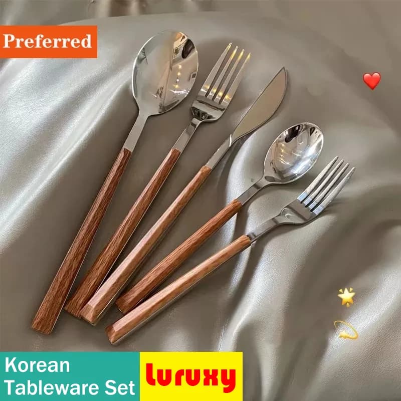 Juego de cubiertos con mango de madera, vajilla coreana de acero inoxidable, cuchillo de cocina, tenedor, cuchara, palillos, juego de vajilla