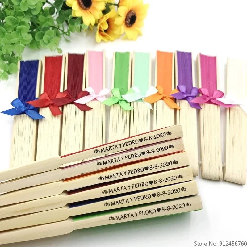 25/30/50/80/100PCS Abanicos de Seda Personalizados para Boda con Cinta, Impresión Personalizada de Nombre y Fecha, Abanico Plegable Hecho a Mano