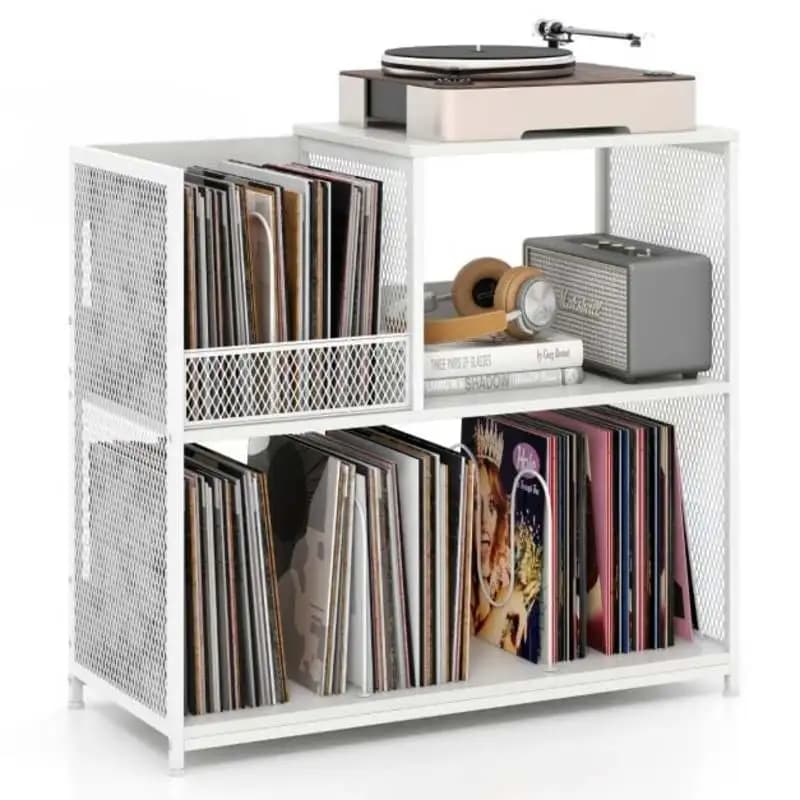 Soporte para Tocadiscos de 3 Niveles, Mesa Auxiliar para Tocadiscos con 3 Divisores Extraíbles - Blanco