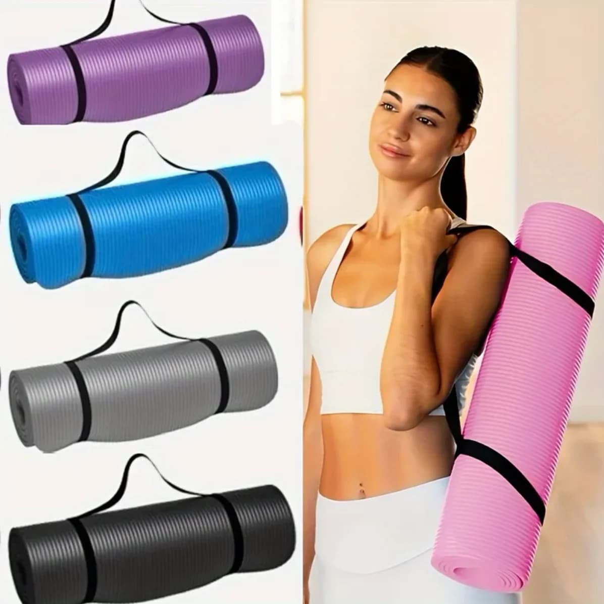 1 paquete - 6 / 8 / 10 mm de espesor estera de yoga sólida, 183 x 61 cmtpe estera de yoga antideslizante, con Correa