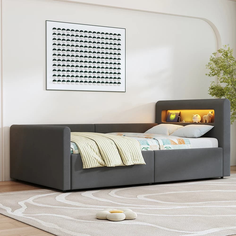 KOMHTOM Cama acolchada Cama infantil 90x200 cm - Con luz LED, luz nocturna, puerto de carga USB, estante y almacenamiento hidráulico