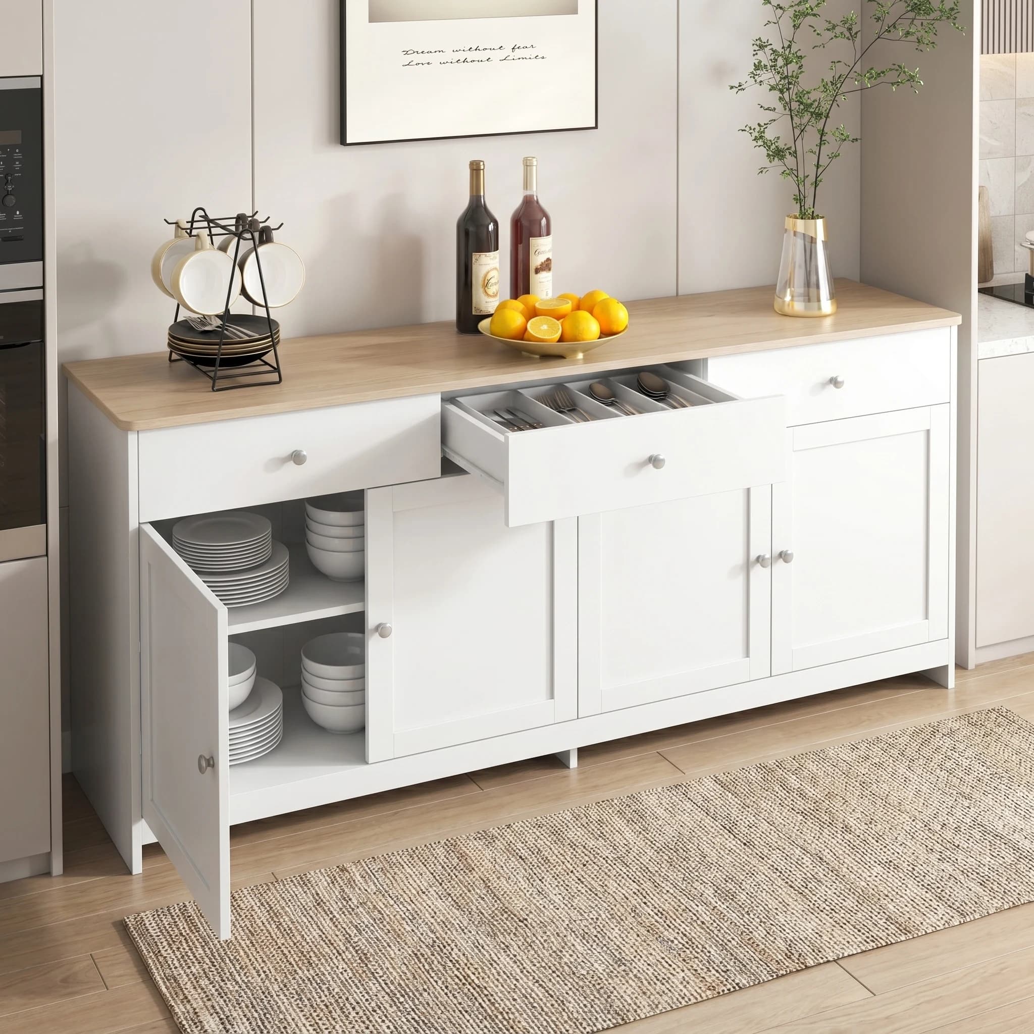 Rosahqnda Cómoda blanca con cajones, aparador, mueble de salón, con 4 puertas y 3 cajones de almacenamiento, 160×37×75 cm