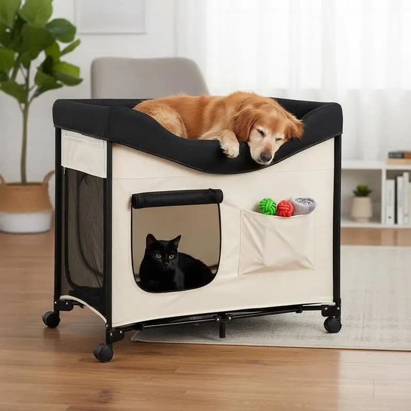 Cama Elevada para Perros y Gatos, Cama de Campaña Plegable para Mascotas, Cesta para Perros en Tela Oxford 600D y Terciopelo Holandés, con Ruedas y