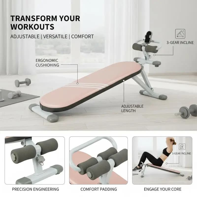 Banco ajustable para hacer abdominales con 3 ángulos de ajuste, color rosa