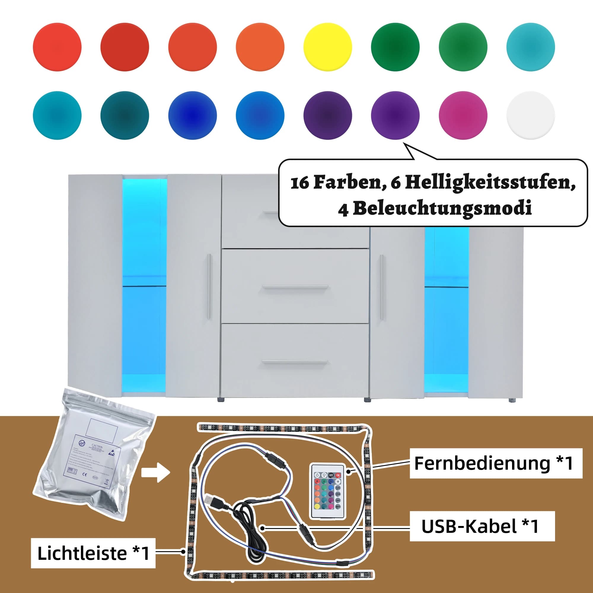 Mueble para TV con LED colorido, tablero bajo para TV con 7 cajones, soporte para TV con manijas, cable USB alimentado de 5V 2A, kit de herrajes,