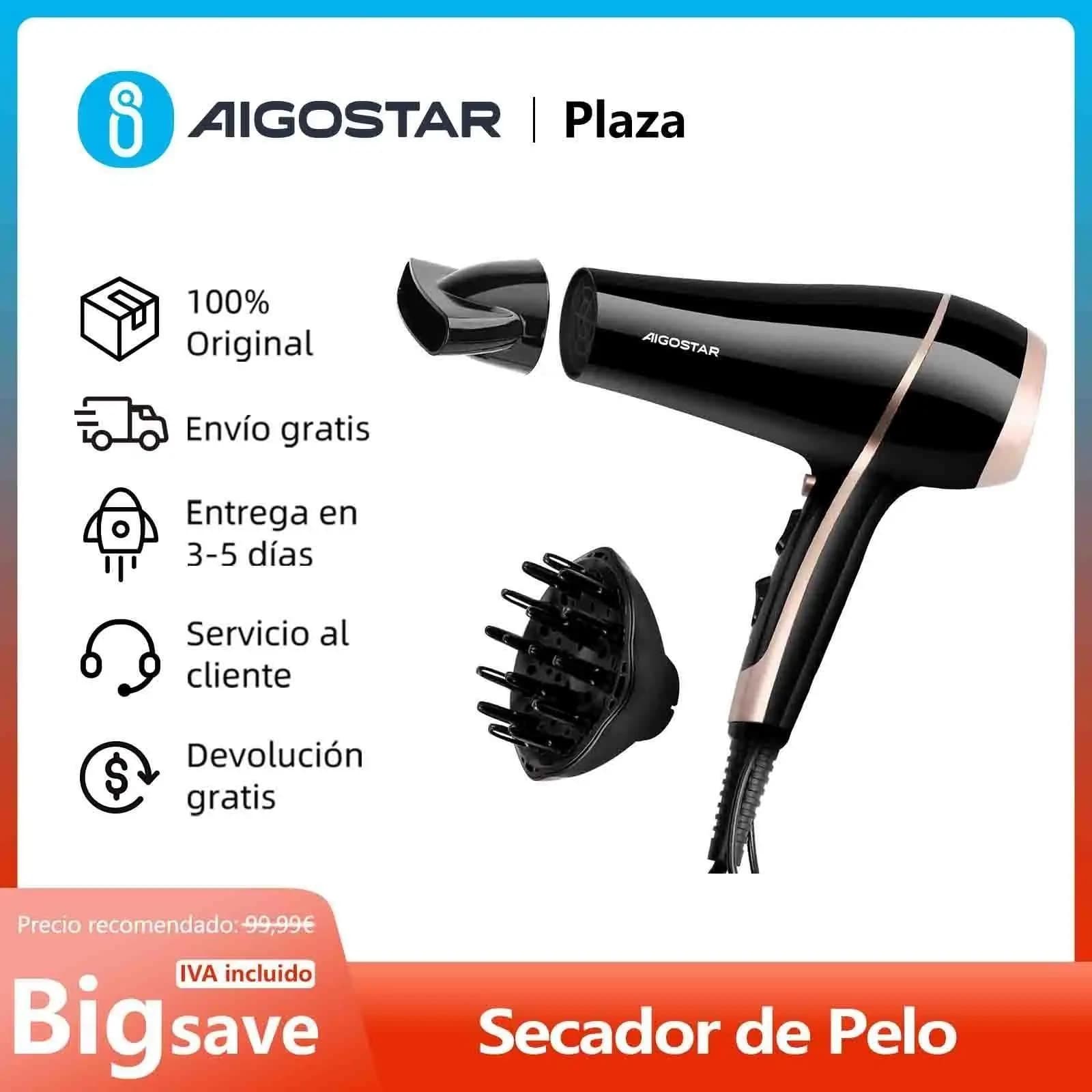 Secador de Pelo Profesional, Iones Negativos, 2 Velocidades, 3 Niveles de Temperatura + Aire Frío, Difusor y Concentrador, 2400W