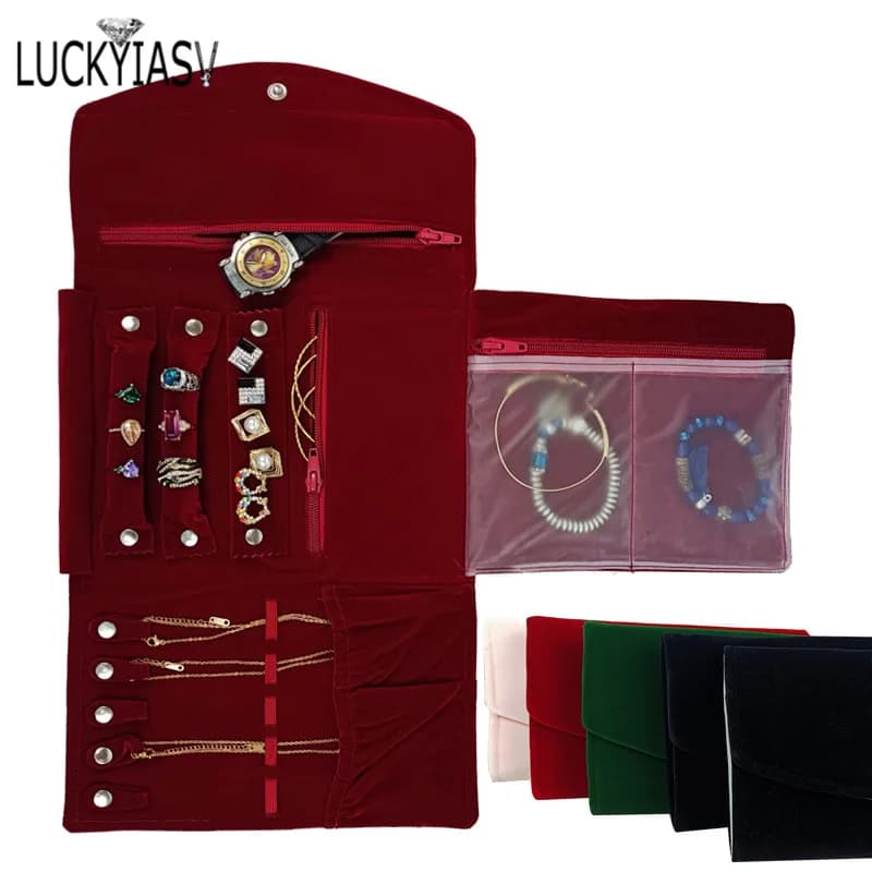 Organizador de joyas de viaje portátil Borgoña, estuche de joyería plegable en rollo para anillos de viaje, collares, bolsa de terciopelo para