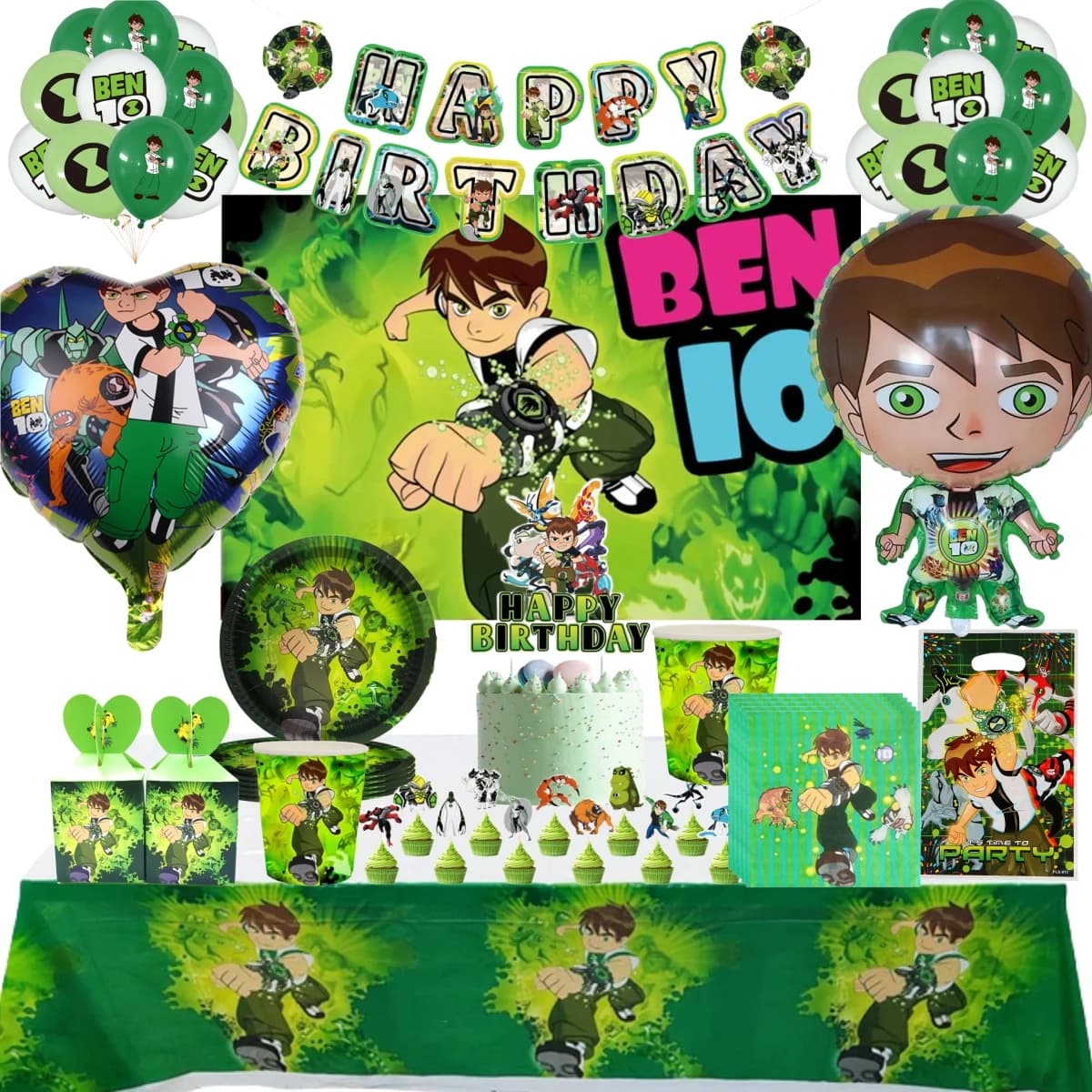 Ben 10 decoración de fiesta de cumpleaños juego de vajilla desechable taza plato mantel telón de fondo globo Baby Shower niños suministros de