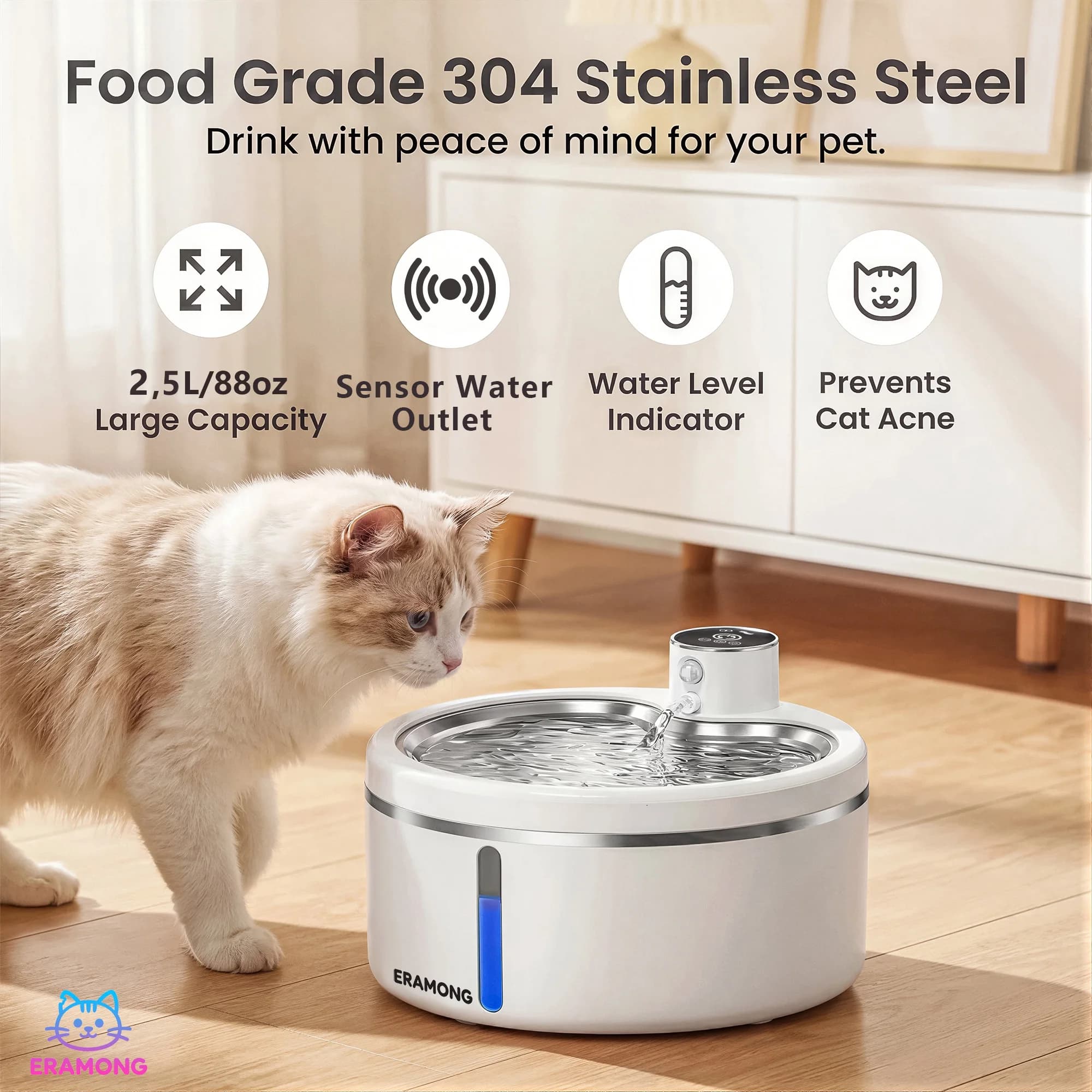 Bebedero Inteligente para Gatos de 2.5L, Purificador de Agua Inalámbrico para Mascotas con Sensor de Movimiento, Filtrado Automático, Batería