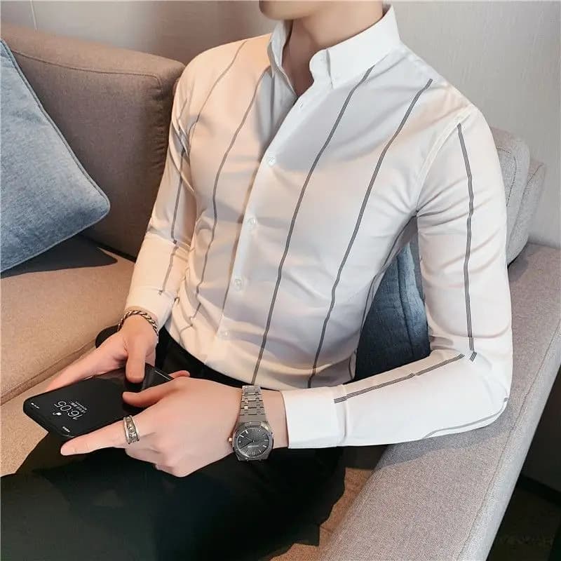 Blusa de manga larga a rayas para hombre, camisa de negocios ajustada, versátil, estilo coreano, primavera y otoño