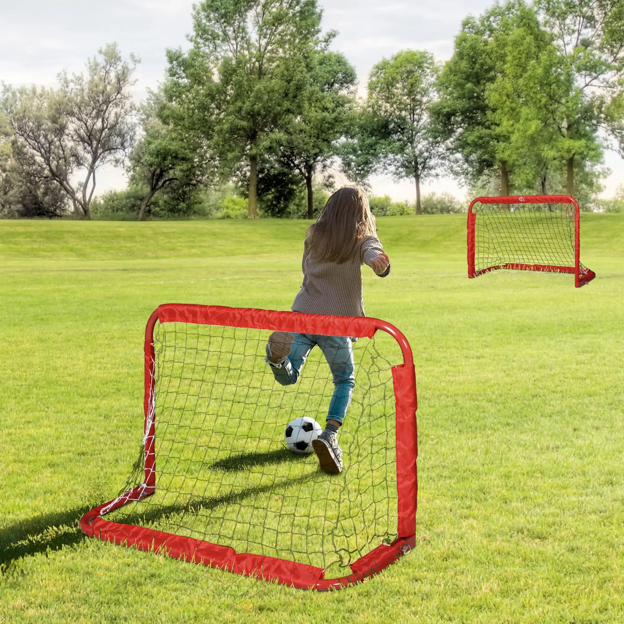Juego de 2 Porterías de Fútbol Plegables Mini, Acero Q195 y Tetoron, Rojas, 90x36x60cm, para Jardín y Patio de Juegos