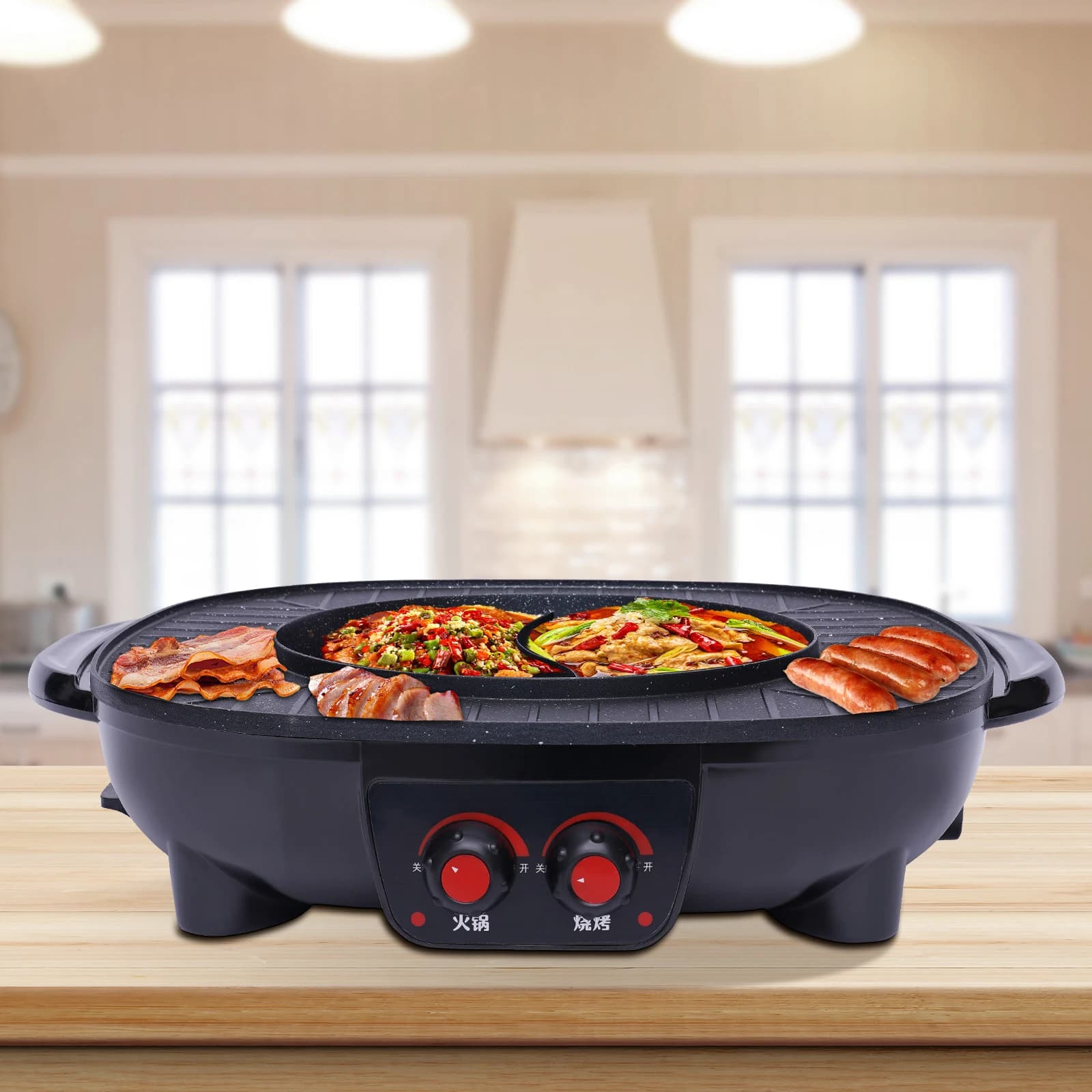 Parrilla eléctrica 2 en 1, olla caliente, parrilla eléctrica de 2000W, olla caliente Shabu Shabu con parrilla para 5-6 personas