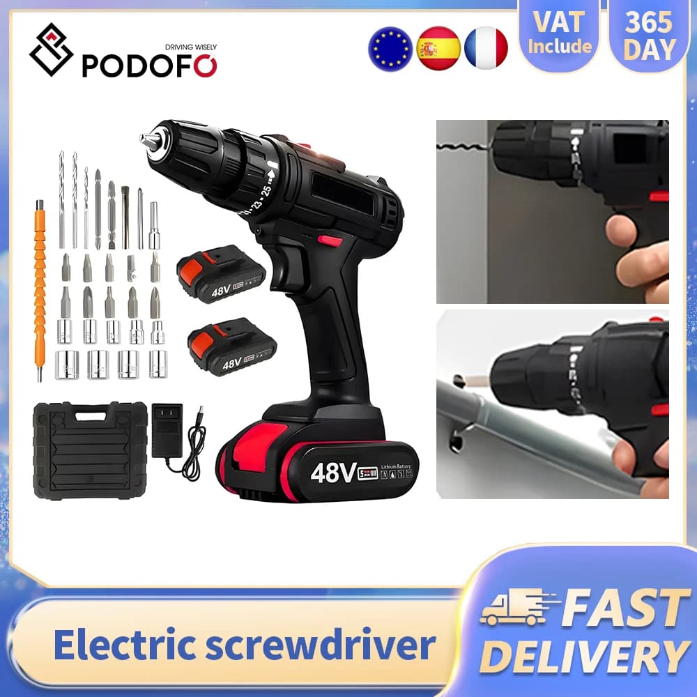 Taladro percutor inalámbrico Podofo 21V, destornillador eléctrico de 30 N.M con 2 baterías, 2 velocidades, taladro percutor eléctrico con