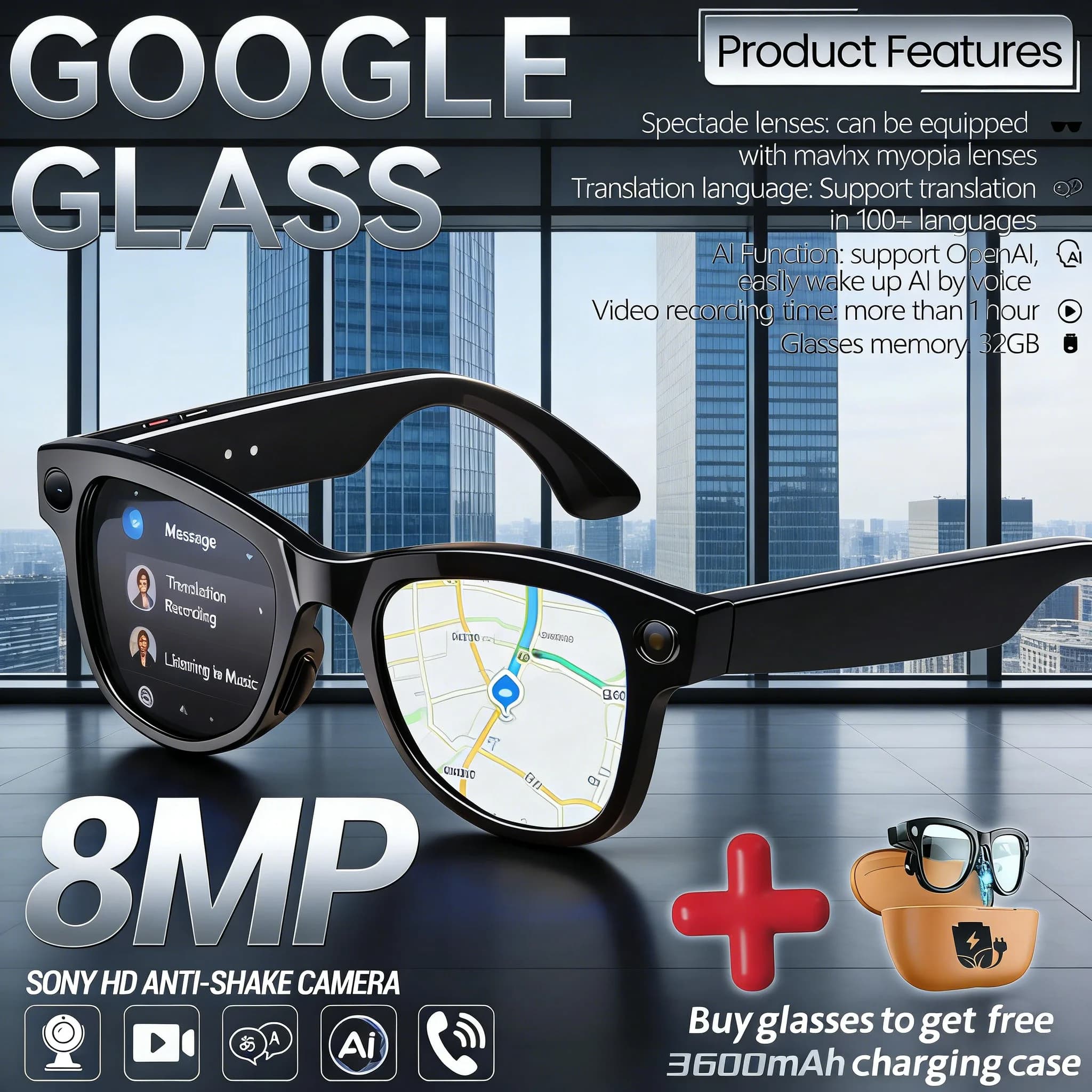 Gafas Inteligentes 2026 con Batería de Gran Capacidad de 3600mAh, Cámara Antivibración de 800W Píxeles, Traducción a Más de 120 Idiomas,