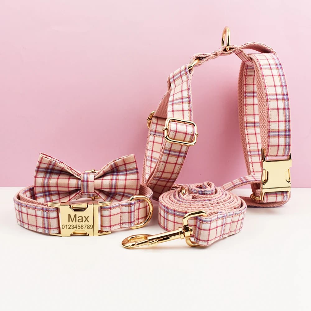 Conjunto de collar y correa para perros con diseño de cuadros rosas, placa con nombre grabada personalizada, suministros para mascotas, correa para