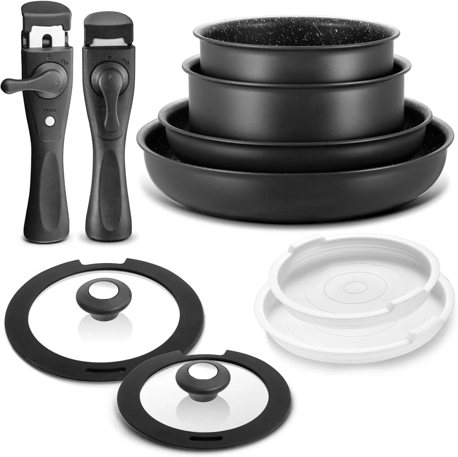 Juego de utensilios de cocina de inducción, 10 piezas, ollas y sartenes antiadherentes con asas extraíbles, para todas las placas, diseño apilable,