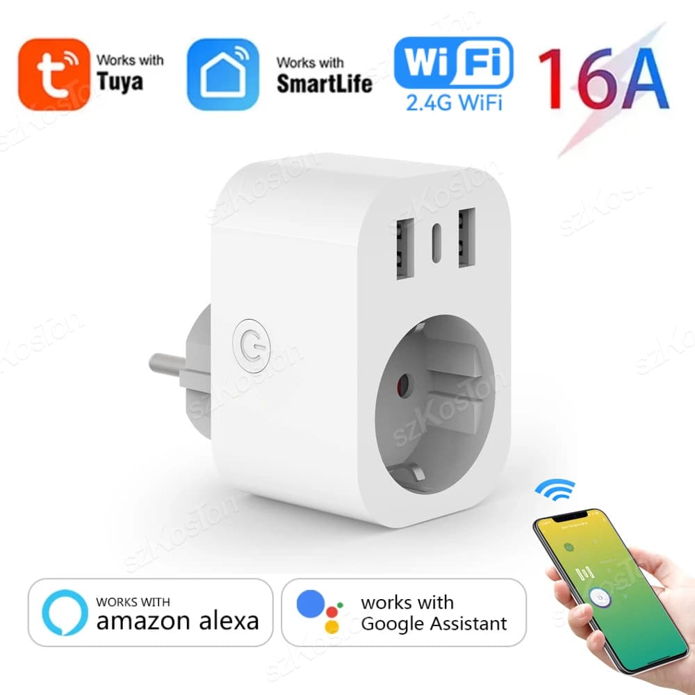 Enchufe inteligente con WiFi para la UE, toma de corriente de CA, USB tipo C, cargador de teléfono, electrodomésticos, funciona con Alexa y Google,