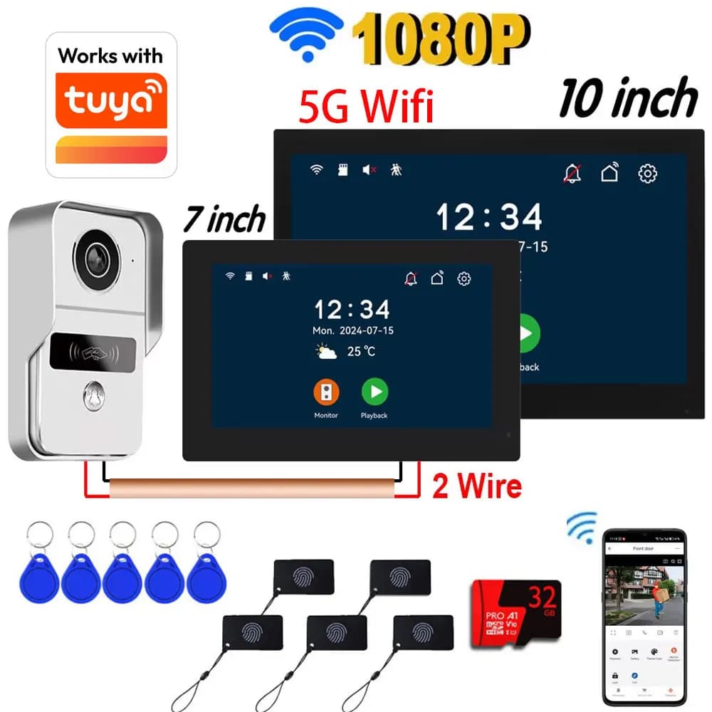 Monitor táctil HD 1080P de 2 cables y 7/10 pulgadas, videoportero con WiFi, sistema de intercomunicación para el hogar, aplicación Tuya Smart Life