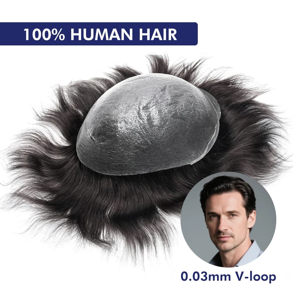 Prótesis Capilar Os21 de 0.03-0.04mm NG con Base Fina para Hombres, Sistema de Reemplazo Capilar con Lazo en V, Toupee Masculino