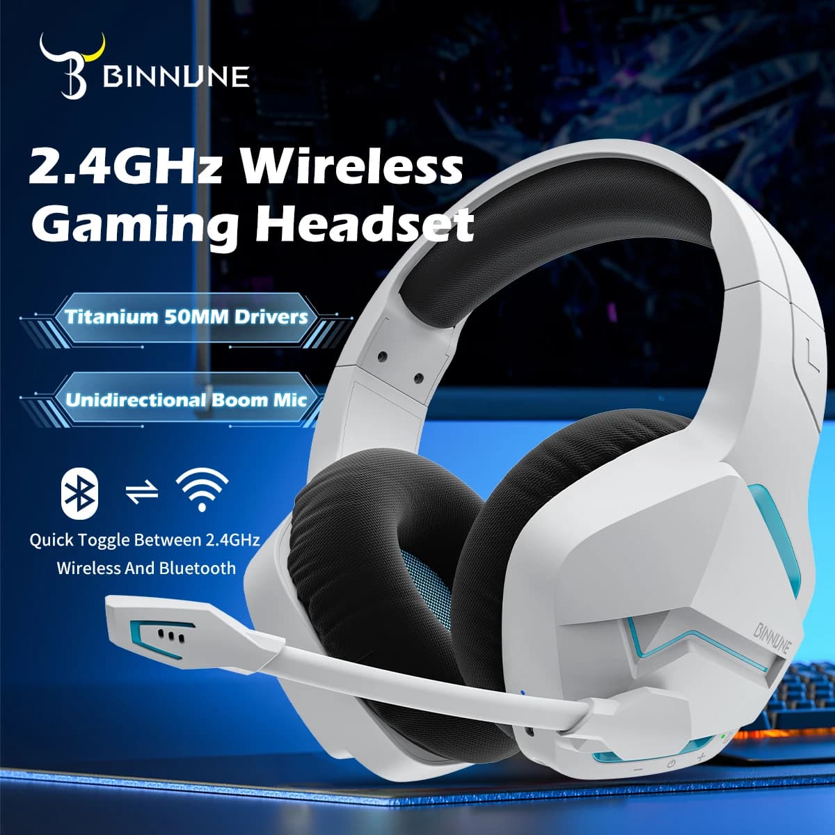 BINNUNE Auriculares inalámbricos para juegos con 2,4 GHz para PS5, PS4, Switch, FPS Gamers Auriculares para juegos Bluetooth 5.3 con micrófono con