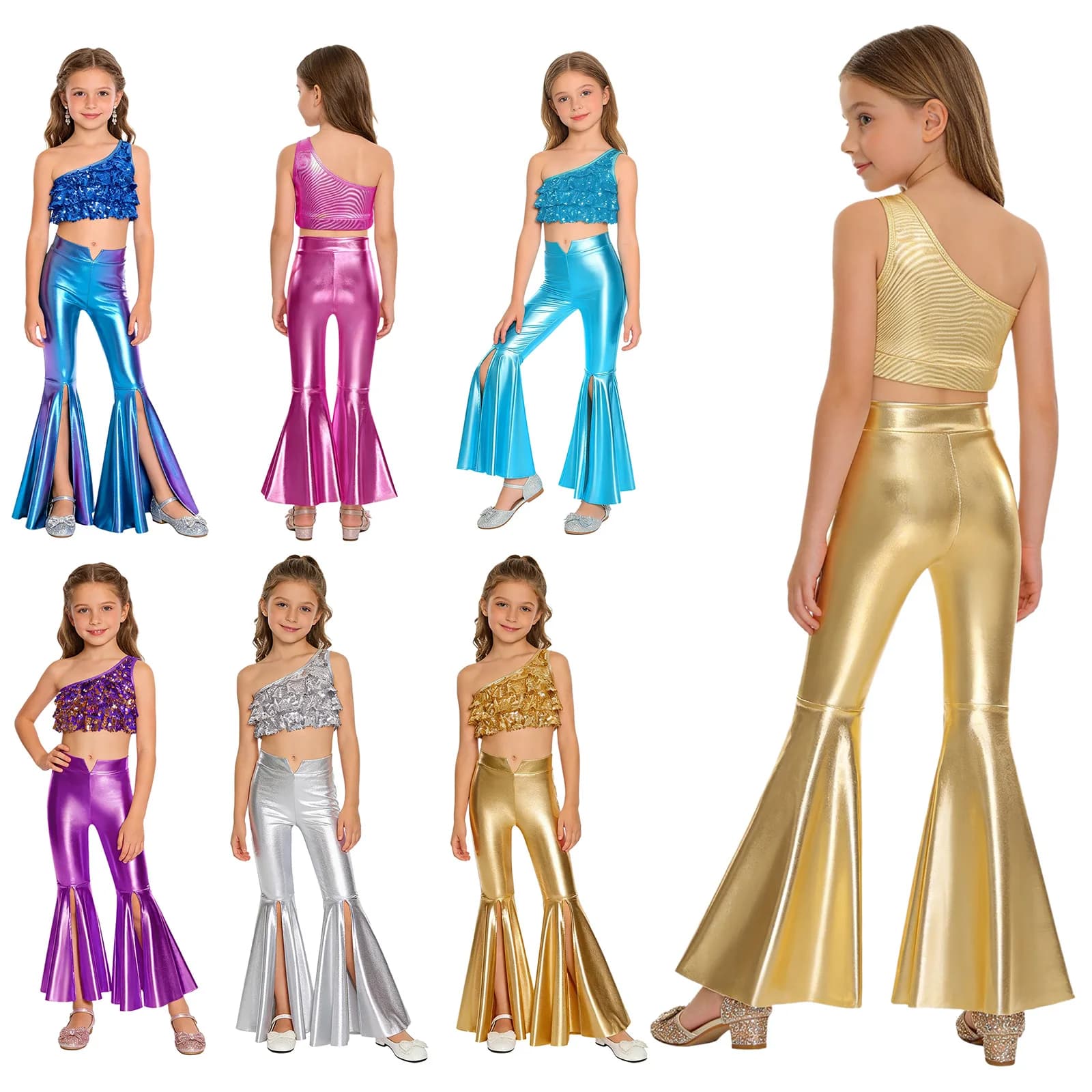 Traje de Baile de Jazz para Niñas, Top Corto con Lentejuelas y Pantalones Metálicos Acampanados, Disfraz de Cosplay para Halloween, Carnaval, Estilo