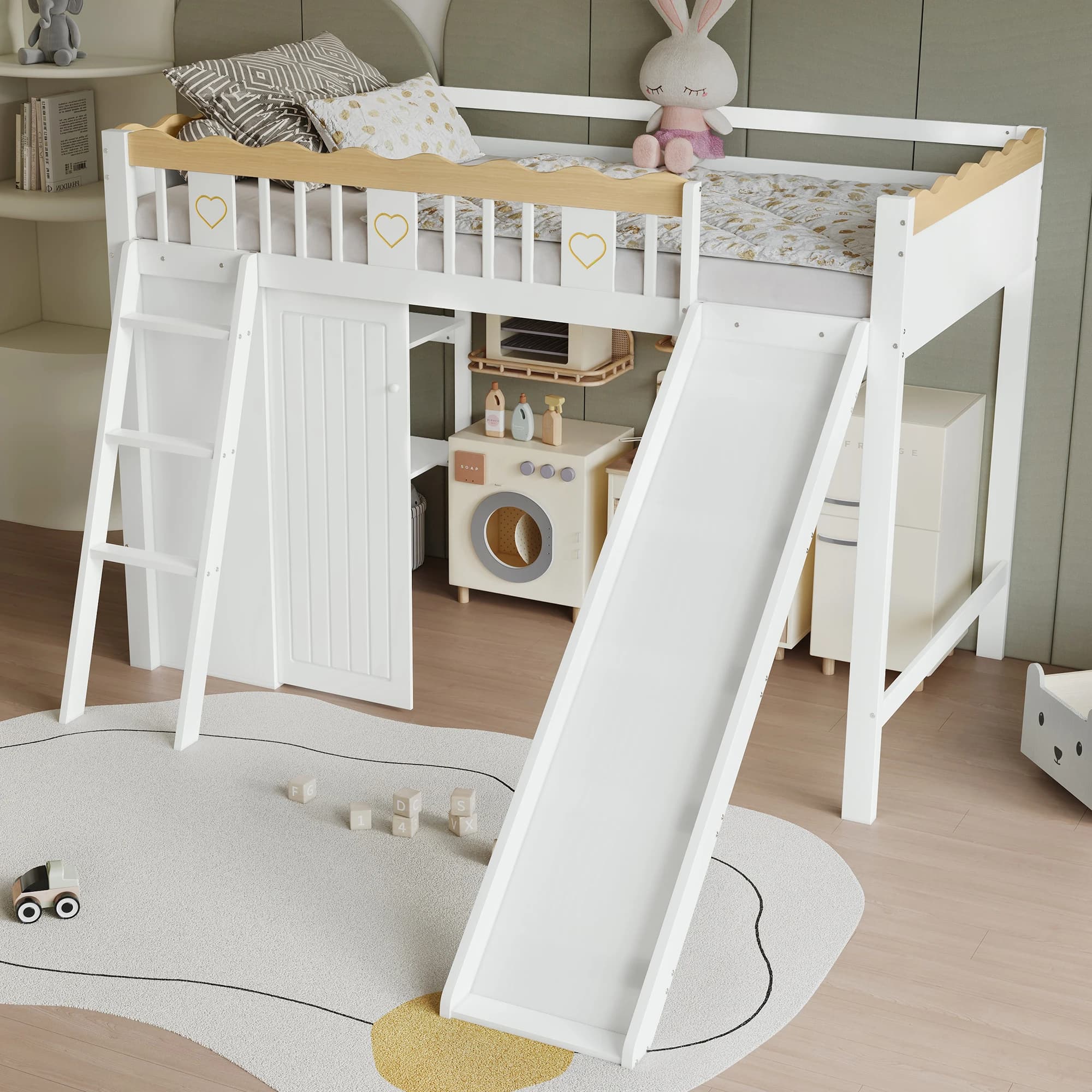 Cama infantil MODFU 90x200 con tobogán, armario y almacenamiento, blanco + natural, sin colchón