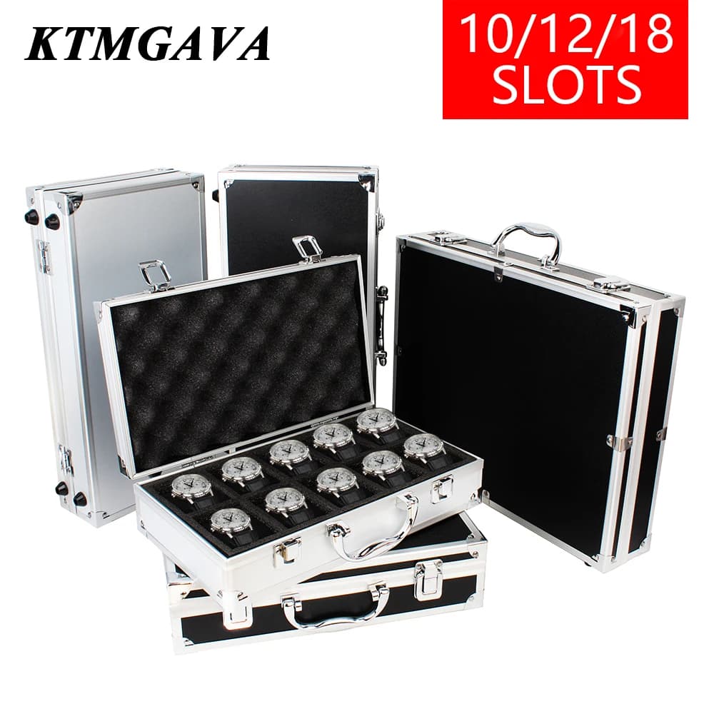 Caja de almacenamiento de relojes negra de aleación de aluminio con rejilla 10/12/18, caja de colección de joyas, caja de reloj portátil de gran