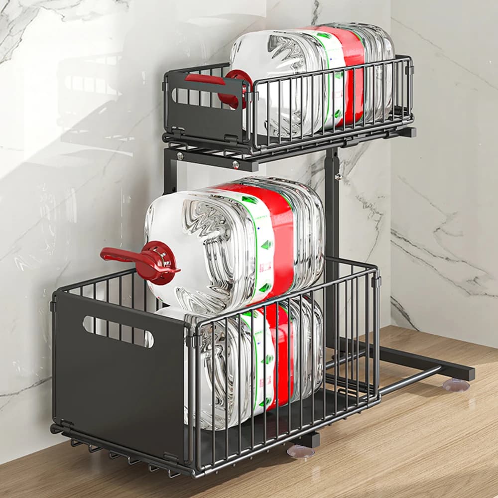Organizador de 2 niveles para debajo del fregadero, organizador de gabinete extraíble ajustable, estantes de almacenamiento deslizantes para cocina,