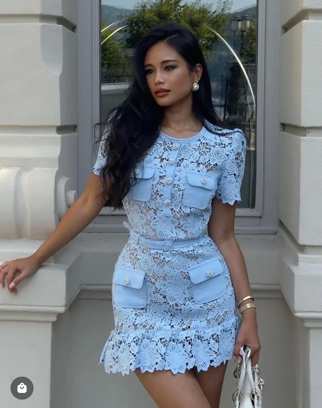 Vestido de encaje azul para mujer, ropa de calle de manga corta con cinturón, diseño de pasarela calado, ceñido al cuerpo, verano