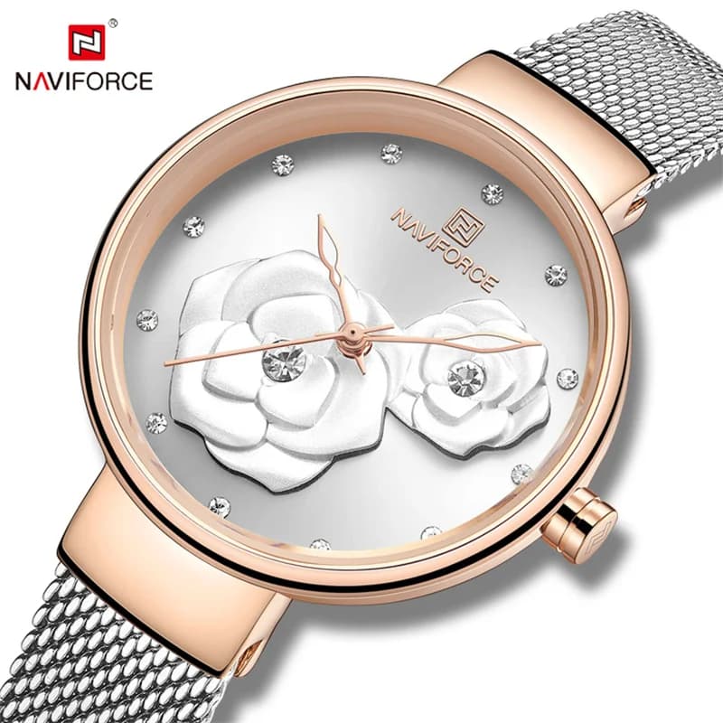 Reloj de mujer NAVIFORCE, marca de lujo, malla de acero, relojes impermeables para mujer, reloj de pulsera de cuarzo con flores para mujer, reloj