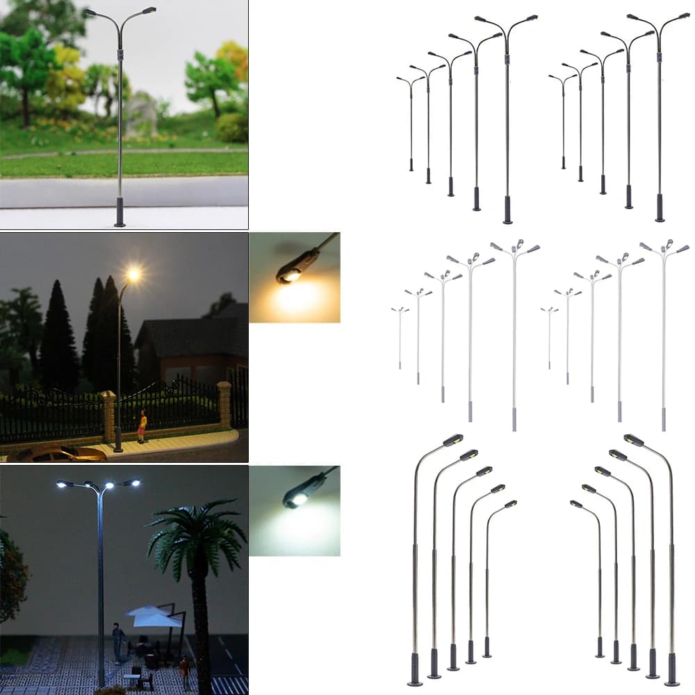 10 Uds. Lámpara de calle de ferrocarril modelo LED escala HO 1:87 3V individual dos cuatro cabezas luces de viaducto blanco cálido paisaje de