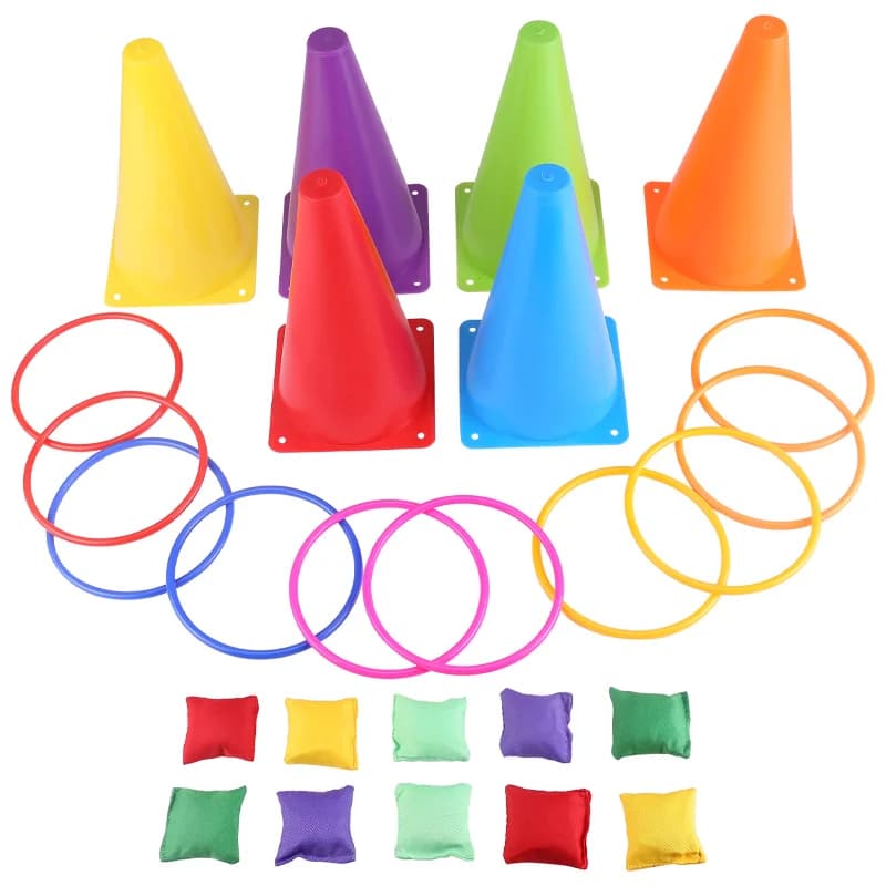 Juego de anillos 3 en 1, conjunto combinado de carnaval, bolsas de frijoles de cono de tráfico suave con anillos de actividad circulares de