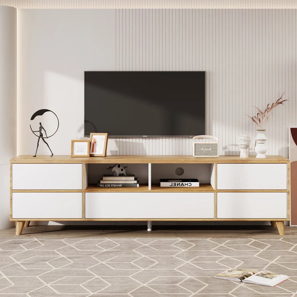 Mueble de TV moderno, tablero bajo, muebles de salón en colores blanco y madera. Zapatillas y Puertas en Estilo Country Natural