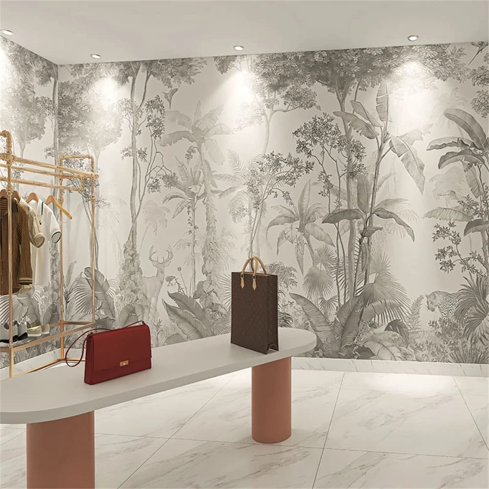 Papel tapiz personalizado de bosque de línea blanca y negra europea, mural 3D de animales de bosque lluvioso tropical, sala de comedor del sudeste