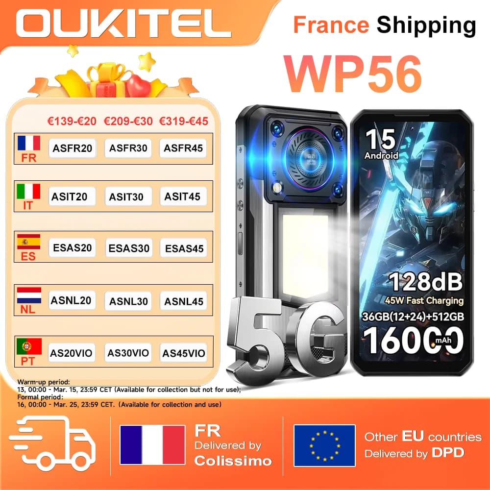 Teléfono Móvil OUKITEL WP56 36GB(12+24)+512GB Android 15, 16000mAh, Carga Rápida de 45W, Pantalla FHD de 6.8 Pulgadas y 120Hz, Altavoz de 128dB,