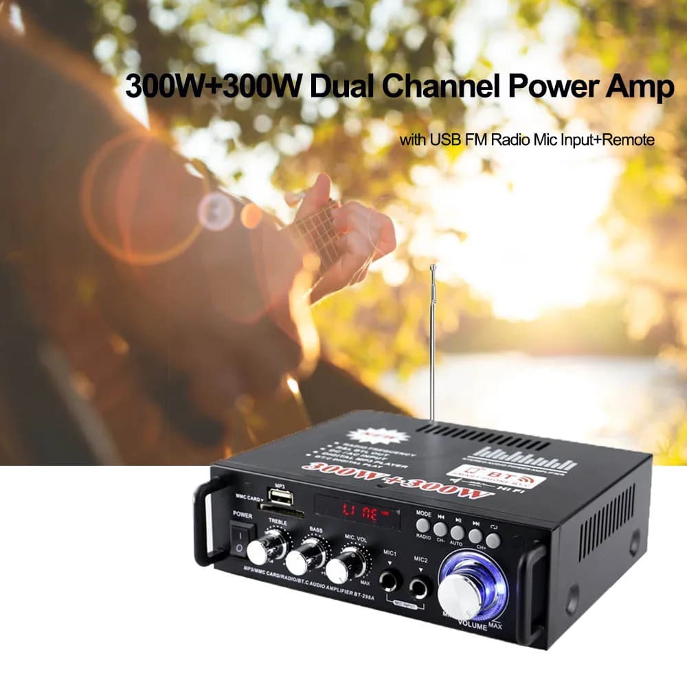 BT-298A de 12V/220V, pantalla LCD de 2 canales, 300W + 300W, enchufe europeo, amplificador de potencia de Audio estéreo HIFI, compatible con