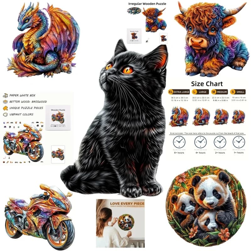 Adorable Rompecabezas de Madera con Forma de Gato, Juguete de Madera Único con Forma de Animal Irregular, Decoración Creativa Hecha a Mano, Regalo