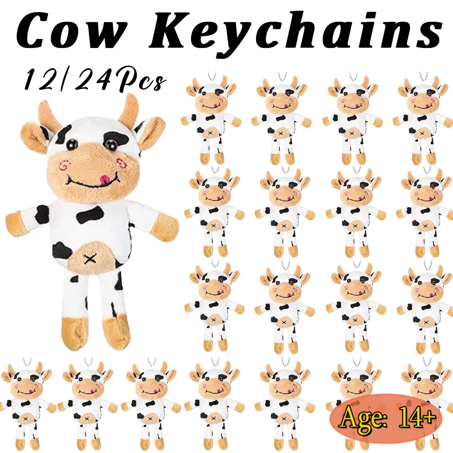 LLavero de vaca de peluche de 12/24 Uds., juguete de peluche de vaca, llavero de granja manchado a granel, recuerdos de fiesta para aula, regalo de