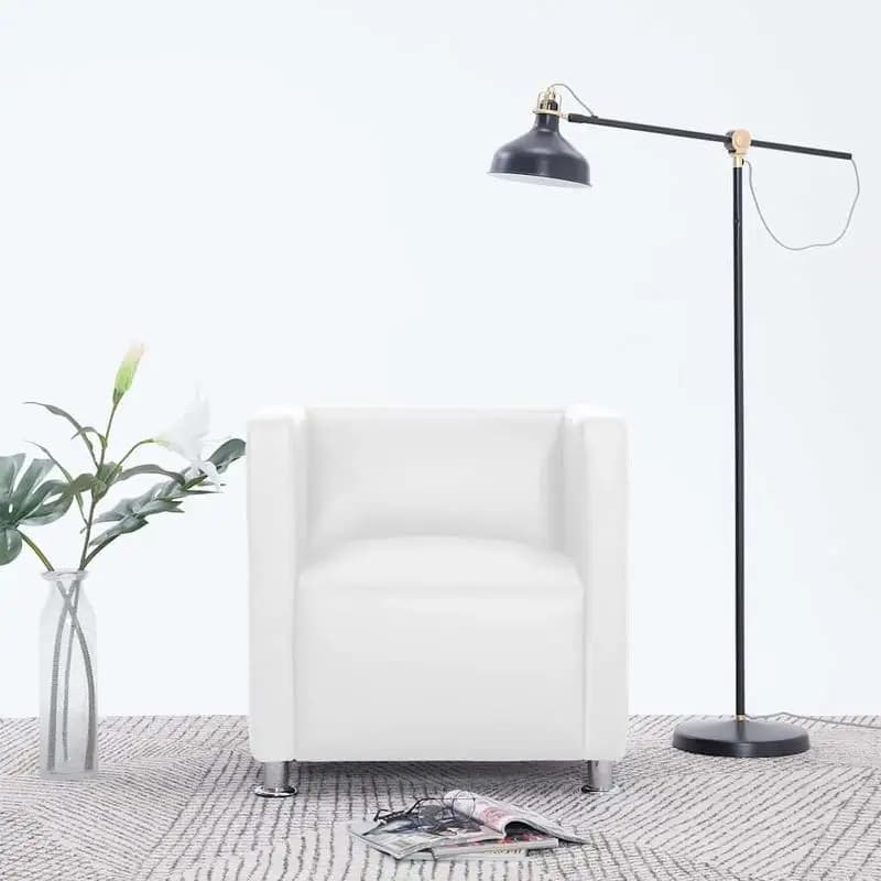Sillón Estilo Cubo para Sala de Estar y Cafetería – Tapicería de Cuero Sintético con Patas Metálicas Resistentes, Diseño Clásico y Respaldo