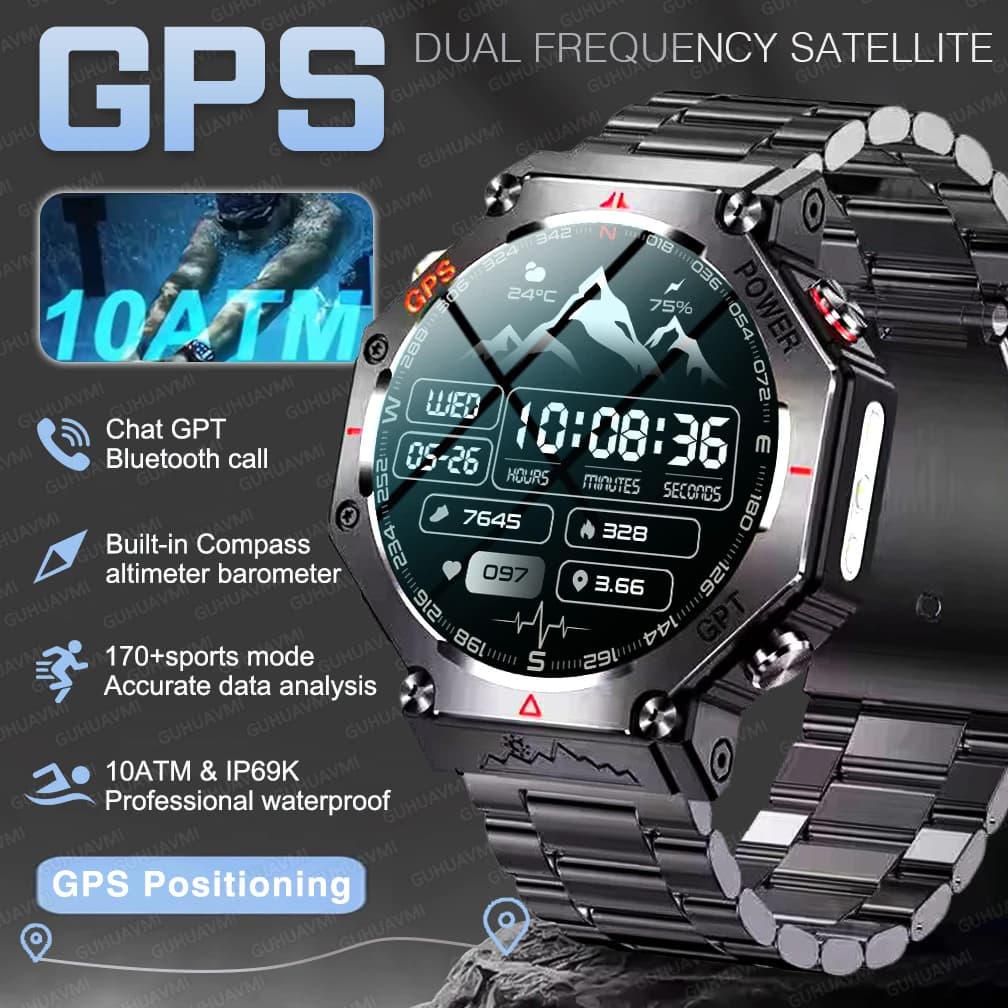 Reloj Inteligente GPS de Grado Militar 2026, para Hombre, Resistente al Agua 10ATM, con Brújula, Altímetro Barométrico, Pantalla AMOLED HD,