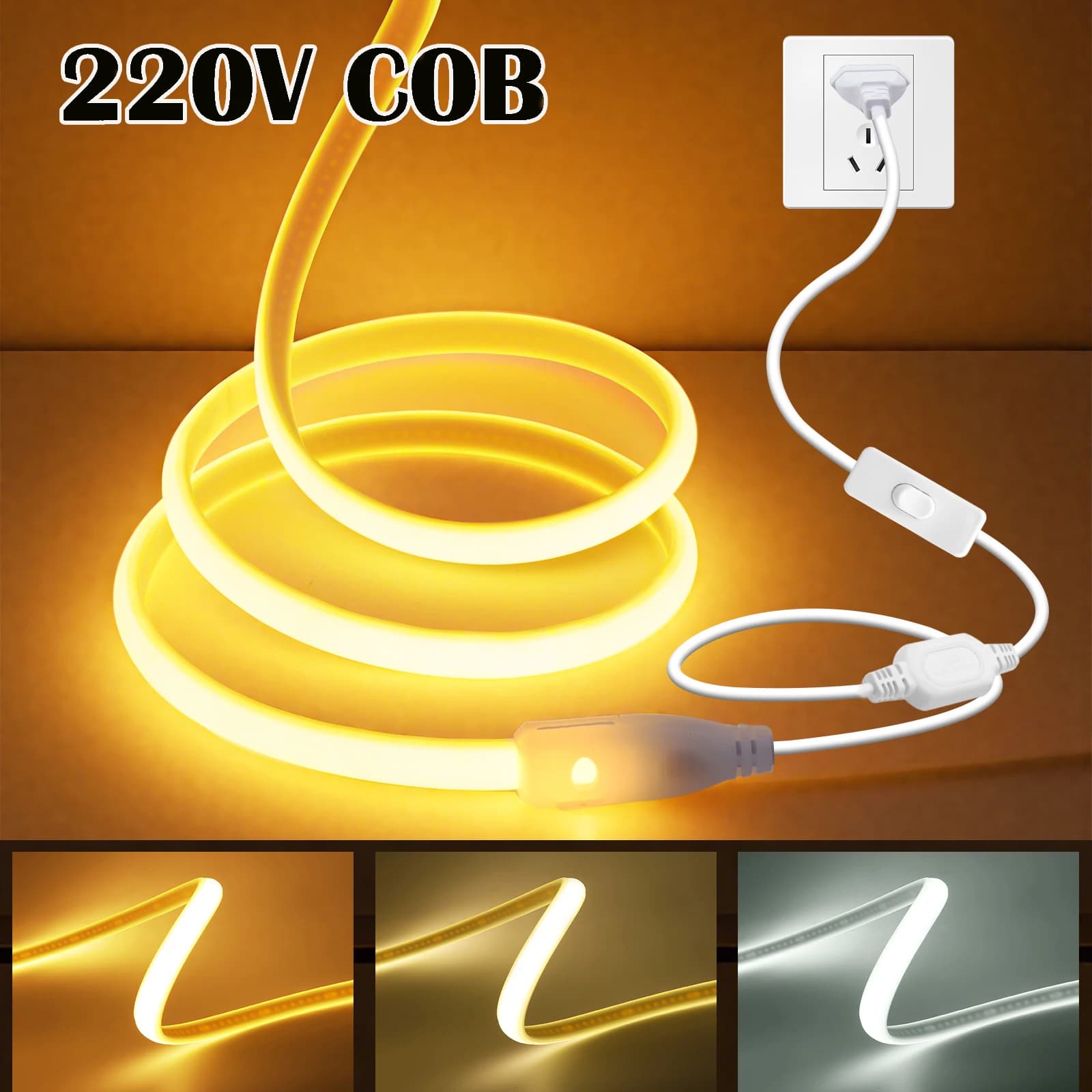 Tira COB AC 220V con interruptor de encendido/apagado blanco 3000K 4000K 6000K IP65 impermeable decoración del hogar cinta Flexible luz de neón LED