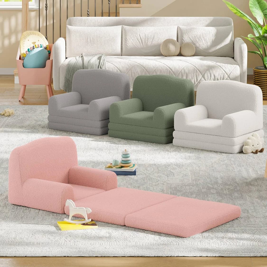 Sillón de Lectura para Niños, Sofá Cama Convertible Sherpa para Niños Pequeños con Funda Lavable, Diseño de Corona para Sala de Juegos o