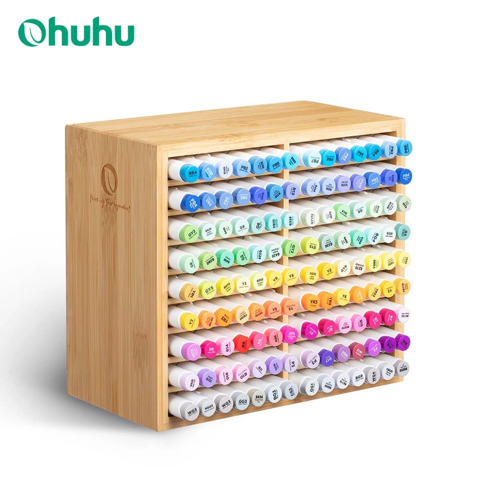 Ohuhu-organizador de marcadores de bambú, almacenamiento de escritorio de madera, 126 marcadores, bolígrafos, lápices, pinceles de arte,