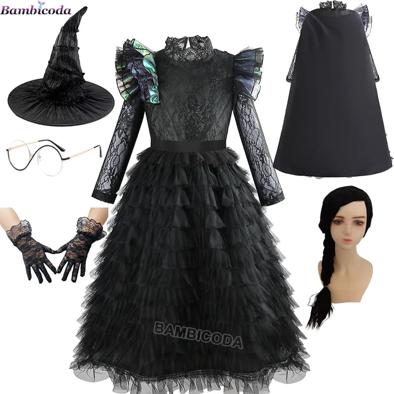 Disfraz de película Gotic Wicked para niñas, disfraces de brujas, disfraz de Glinda Elphaba, traje de juego de rol para fiesta, vestido negro, bata,