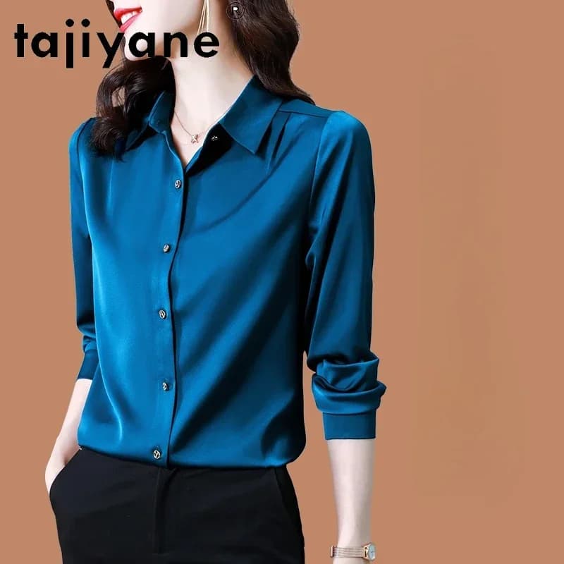 Tajiyane, camisas elegantes de seda para mujer, manga larga, gama alta, elegante, blanco, Blause, ropa ajustada para mujer FCY031