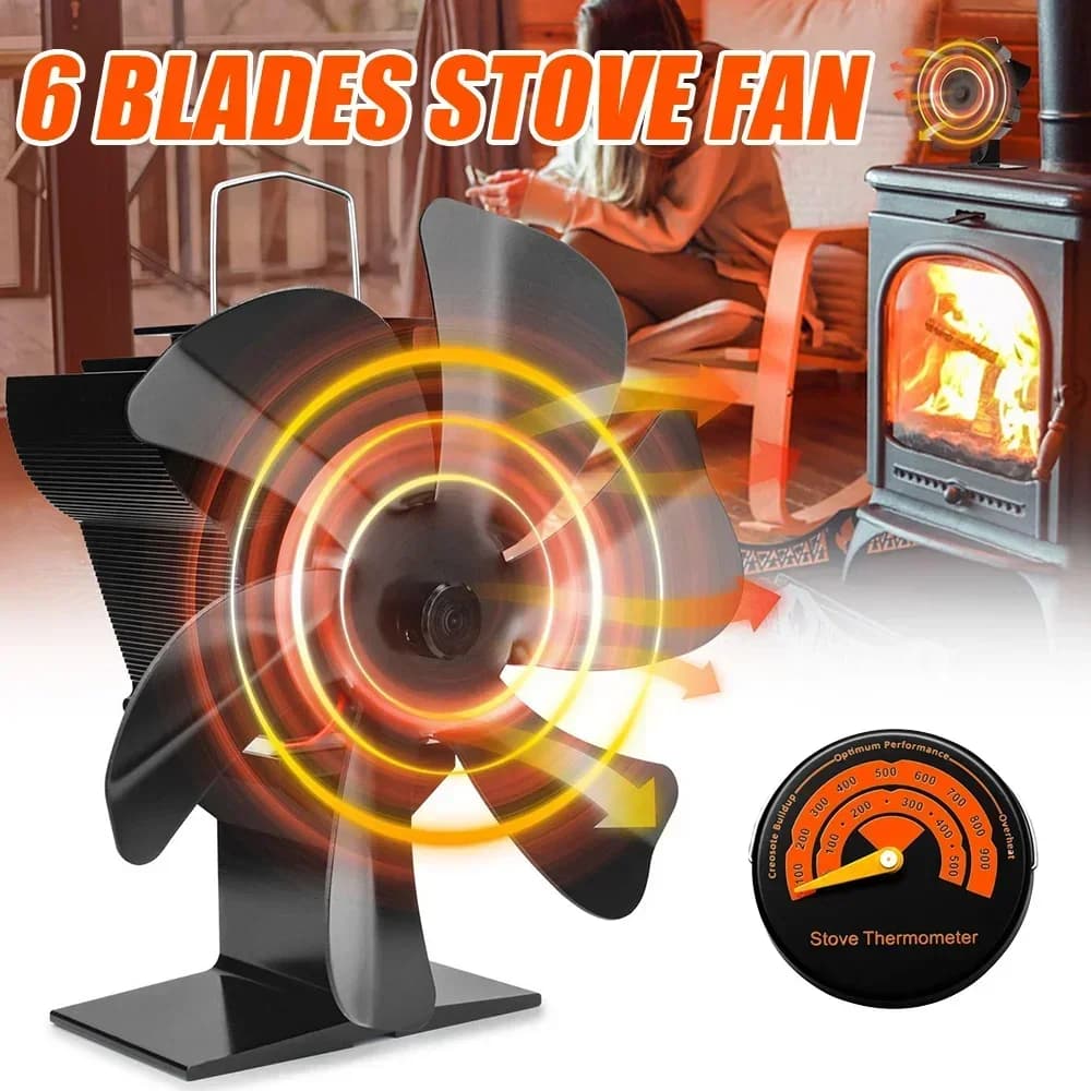 Estufa de calor con 6 aspas, ventilador ecológico silencioso, quemador de leña negro, ventilador para hogar, calentador de invierno, distribución