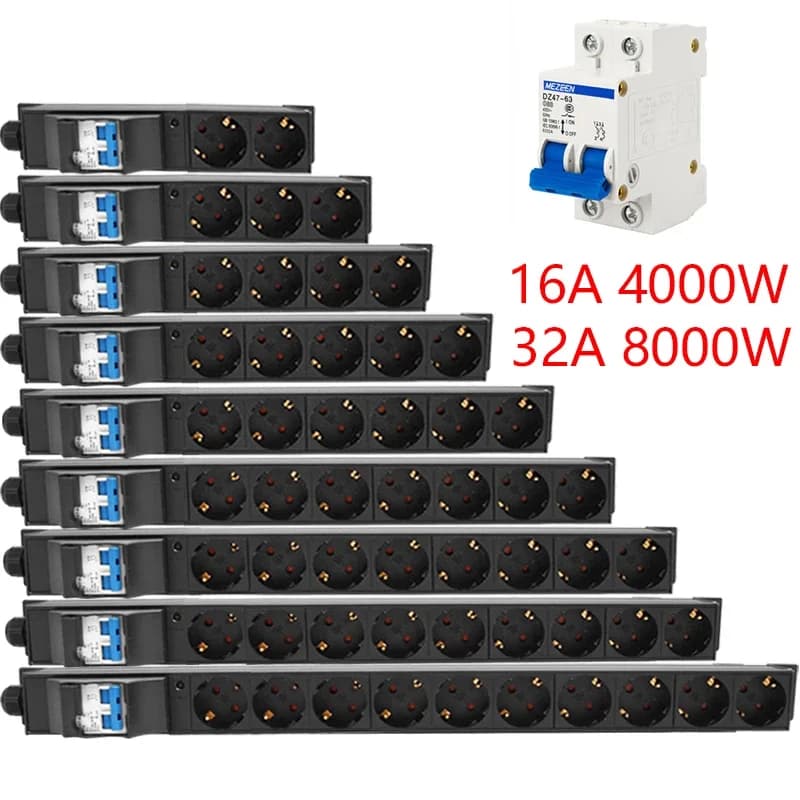 Regleta de alimentación UE, toma de corriente de 2-10 vías, 4000/8000W, 16A/32A, interruptor de aire LED, enchufe de estante de gabinete de red de