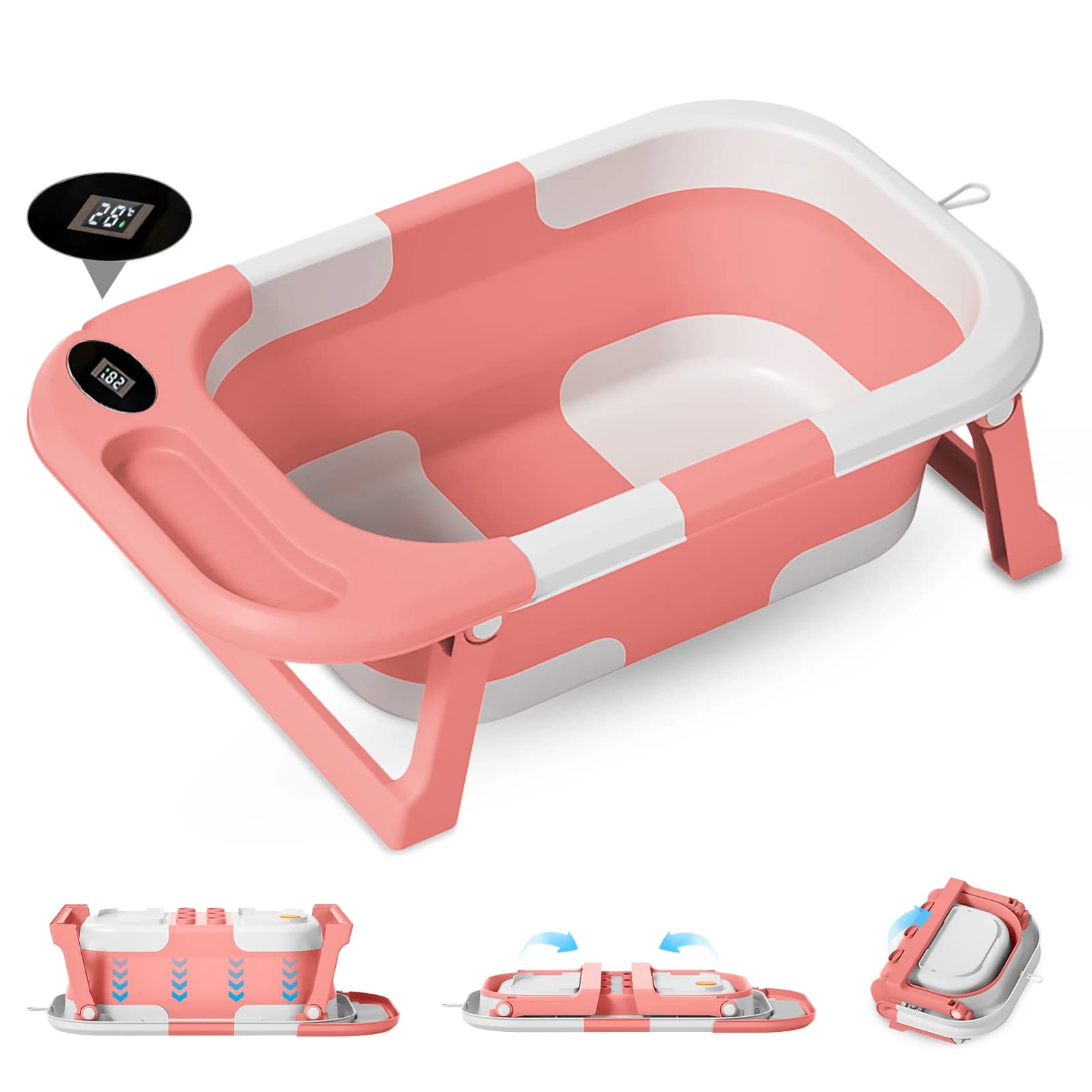 Bañera para bebé recién nacido con orificio de drenaje, bañera plegable para niños pequeños con cojín suave, bañera portátil de viaje con